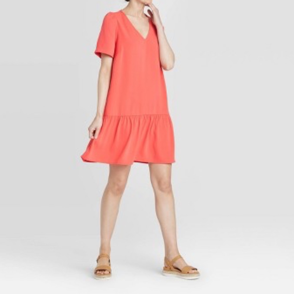 Short Sleeve Ruffle Hem Dress Coral Salmon Pink Classic Mini